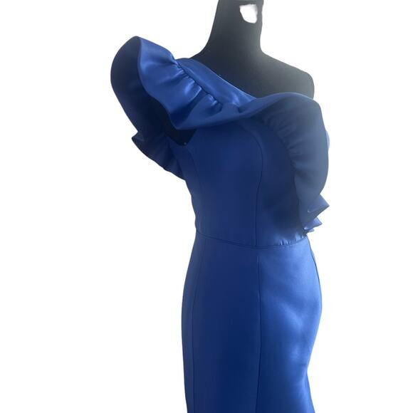 TARIK EDIZ 2 Formal Gown $438 Dress Ruffle One Shoulder Size 2 Royal Blue 50774 - Picture 6 of 10